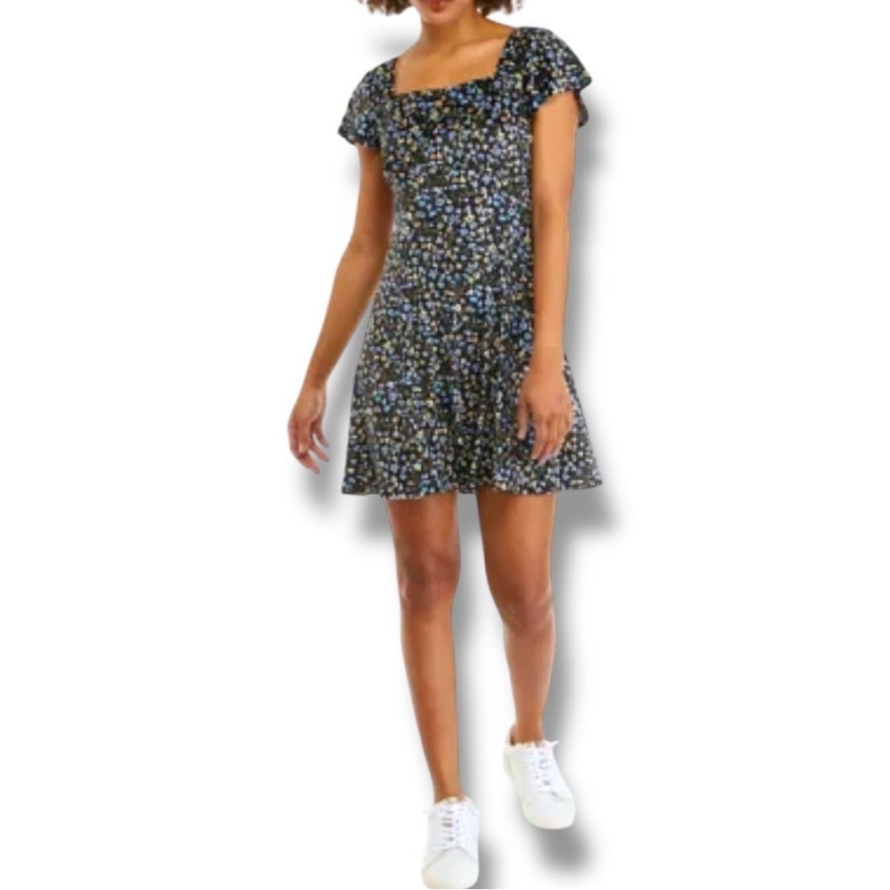 Planet Gold Black Small Floral Print Velvet Short Cap Sleeves Flared Mini Dress